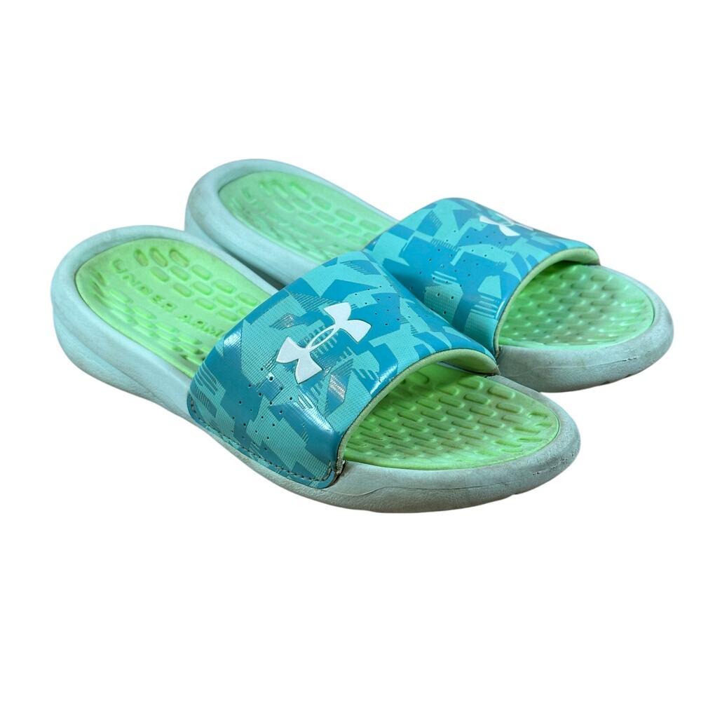 Under Armour Slides Mint Green Teal Sandals Slip On Summer Shoes Boys Youth 3Y 3